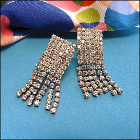 1950s Art Deco Chandelier Pierced Earrings Chic Cube Rhinestone Midis - Picture 2 of 6